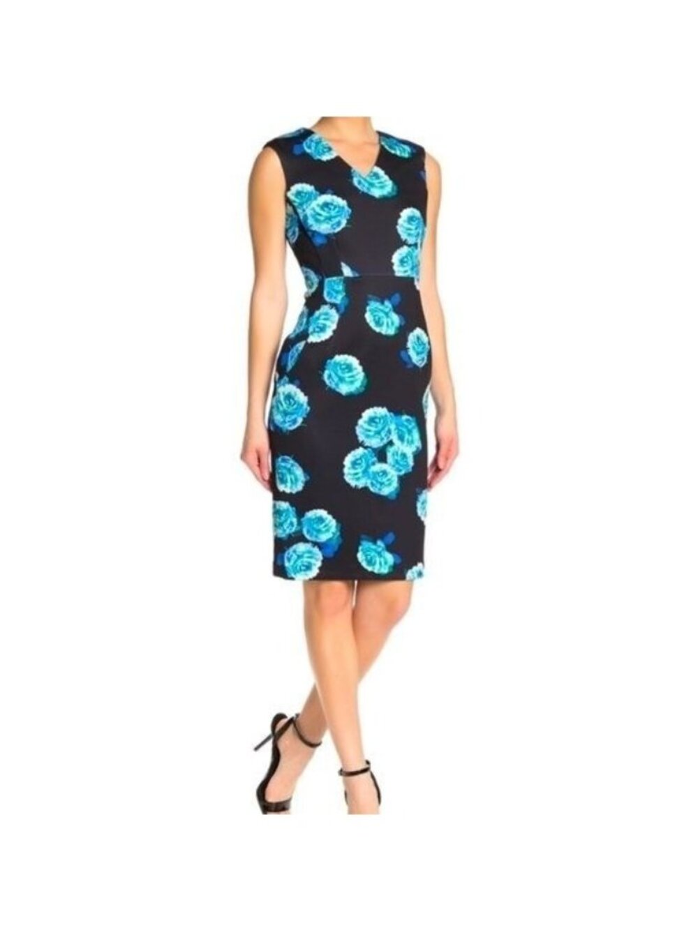 T Tahari Black Floral Knee Length Pencil Business Career Sleeveless Dress size 4